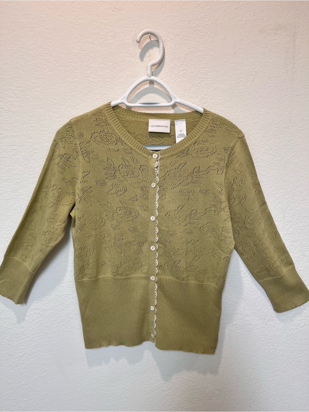 100% CottonOlive Lace-Pattern Button Cardigan